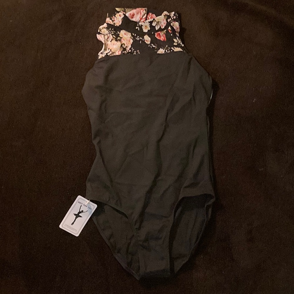 Turtle neck black ballet leotard with flower print, size teens 4, new with tags